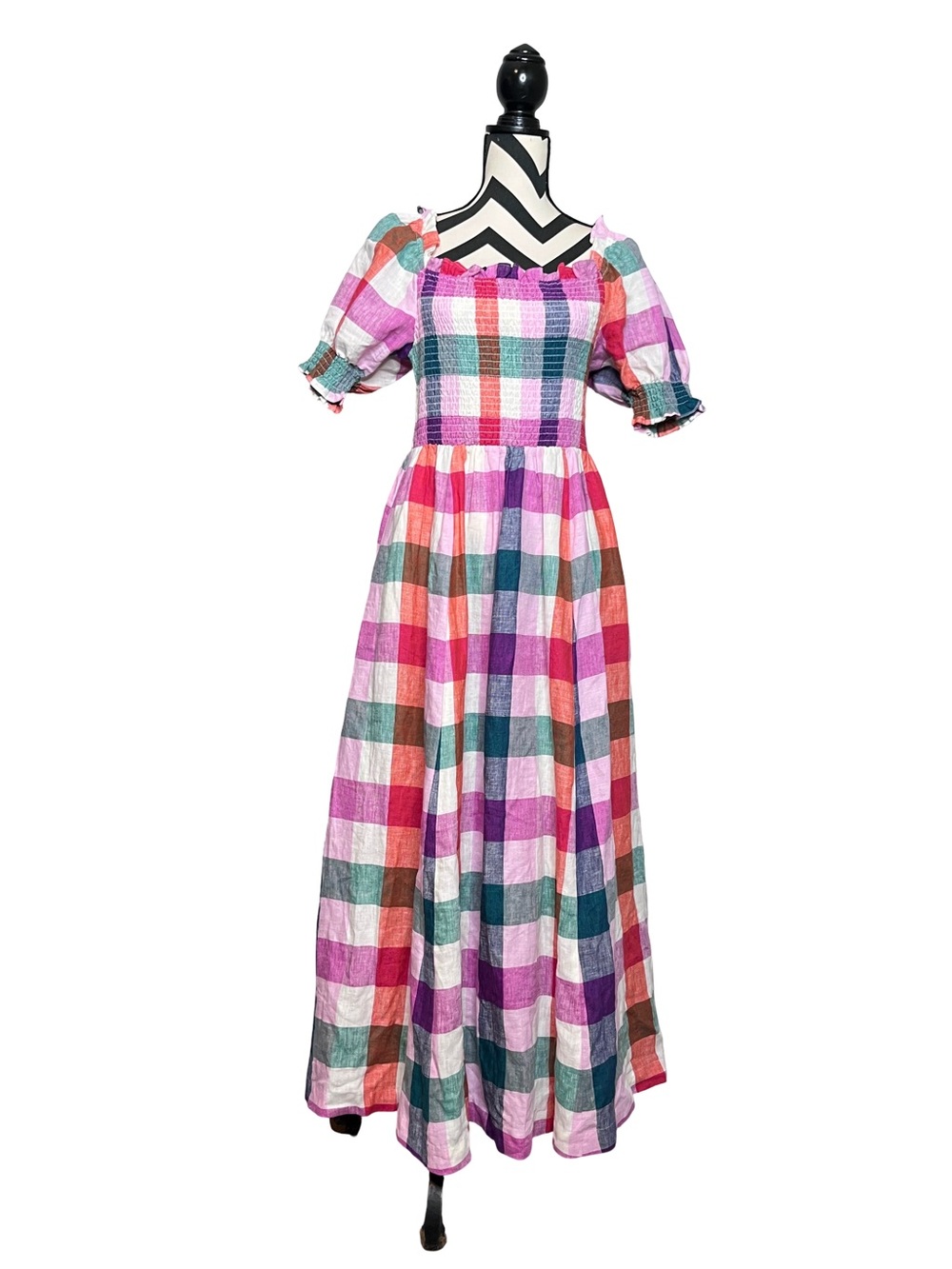 Boden 100% Linen Plaid Smocked Square Neckline Short Puff Sleeve Midi Dress 8R